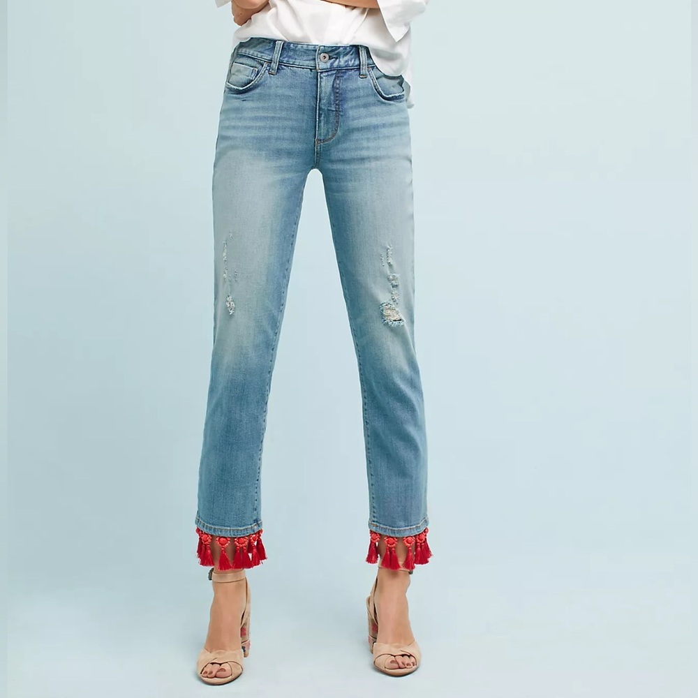 Pilcro Mid-Rise Slim Boyfriend Jeans red Tassels Distressed